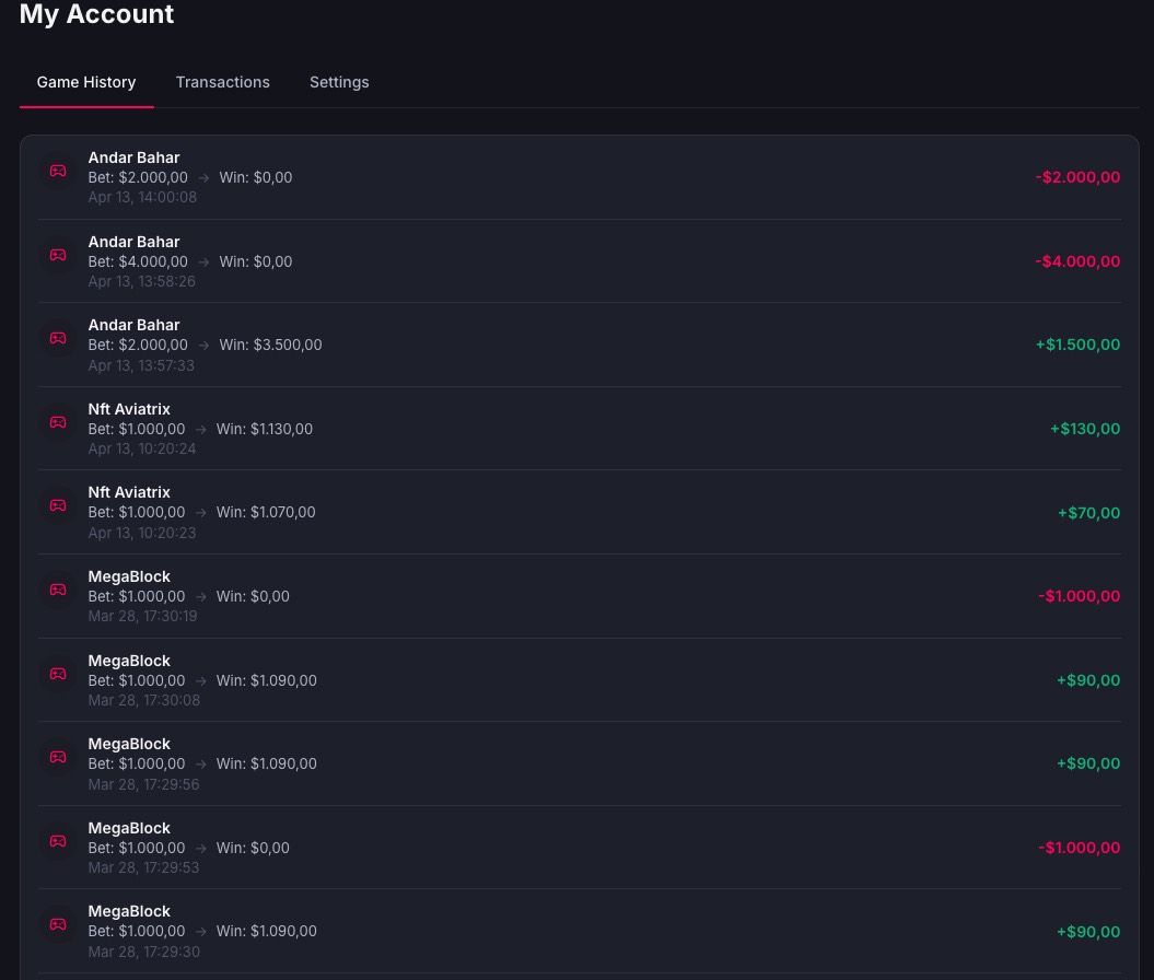 Pin Up account history showing recent game results and win-loss entries