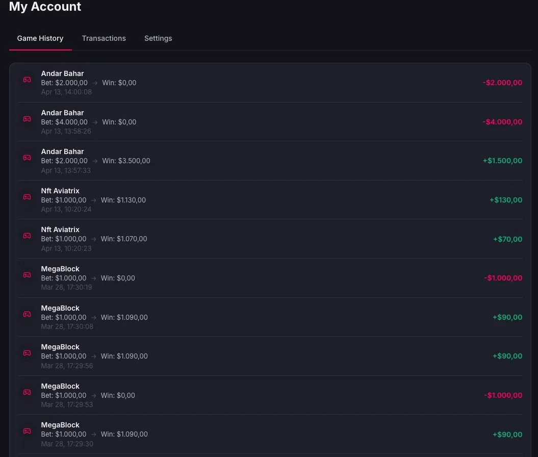 Pin Up account history screen used to verify cashback and bonus credit events