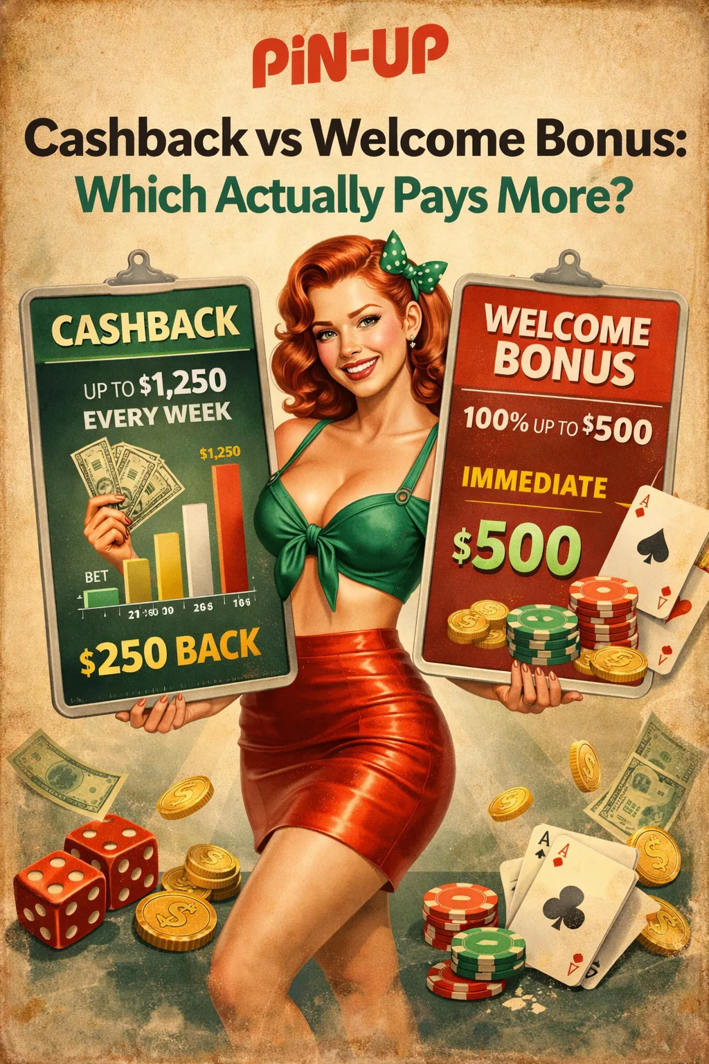 Illustrated comparison of cashback and welcome bonus on Pin Up