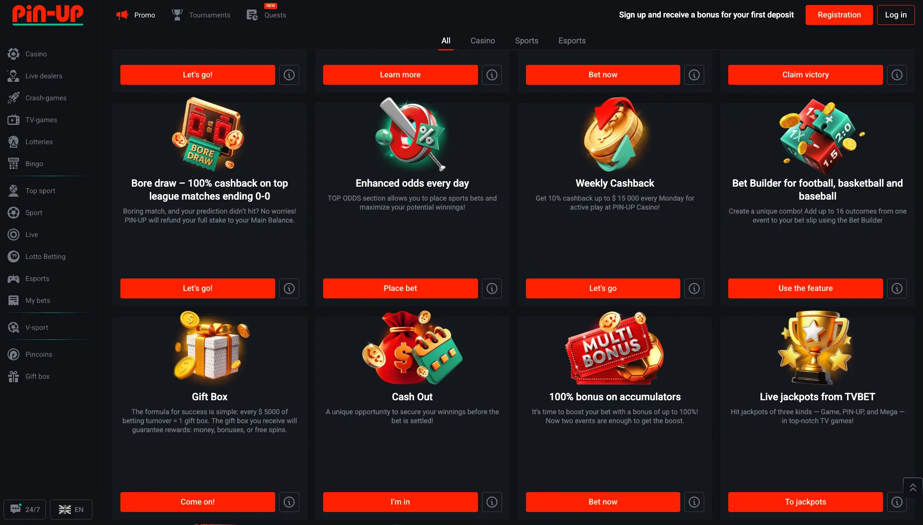 Pin Up promotions grid showing weekly cashback and other promo cards