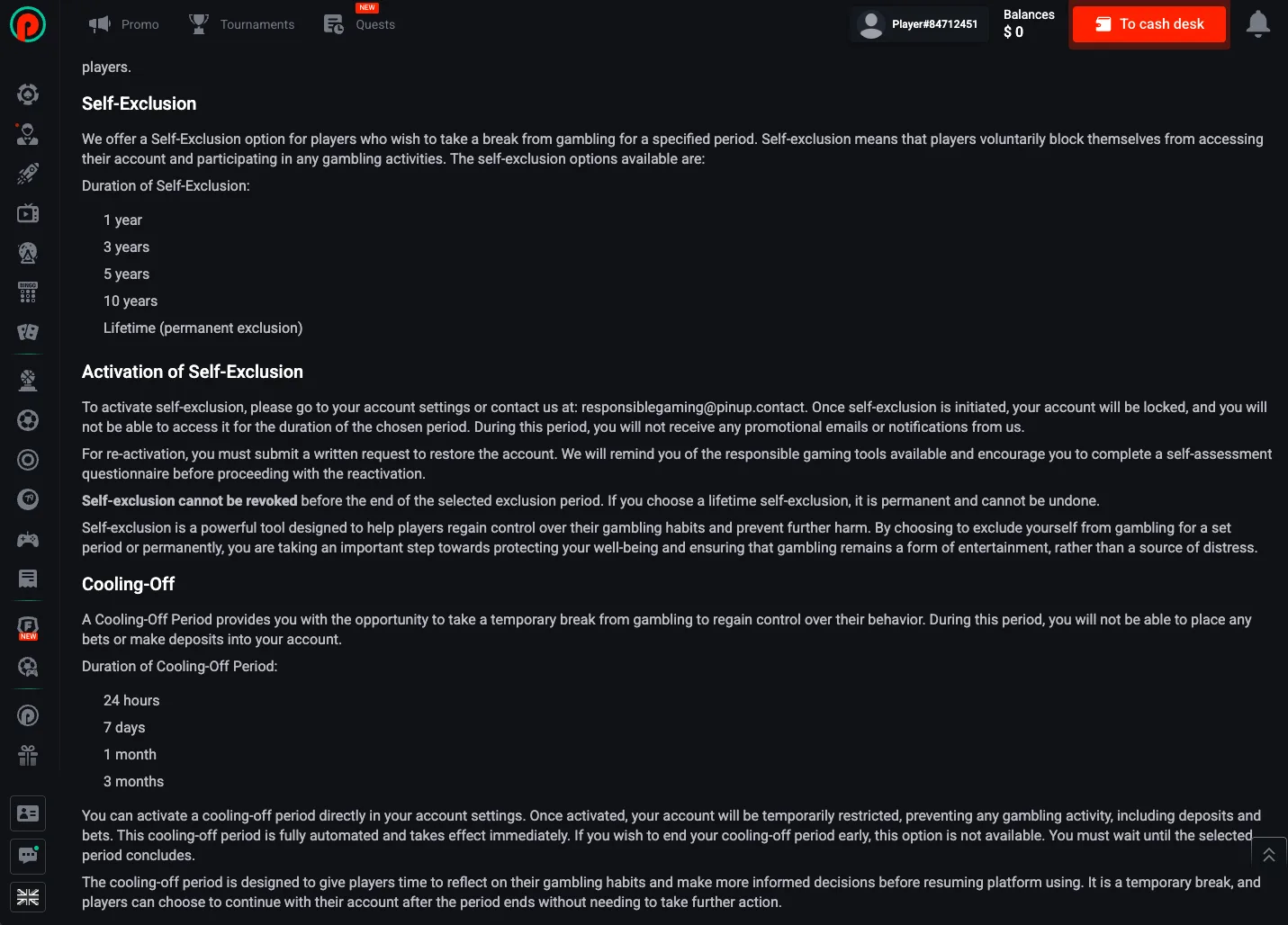 Pin Up self-exclusion and cooling-off settings page