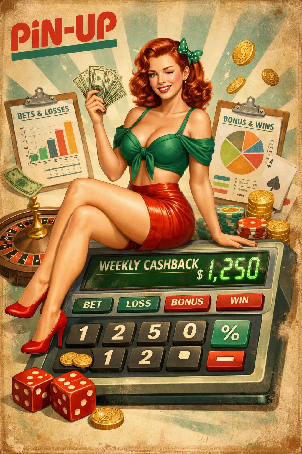 Weekly cashback poster showing bonus math and a large cashback amount on a calculator